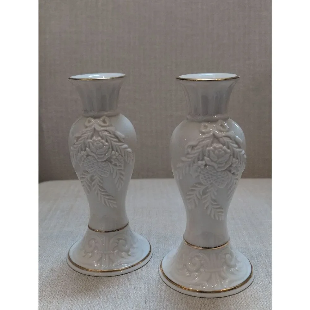 Vintage Lenox Winter Bouquet Pair of Candlestick Holders 24K Gold Trim